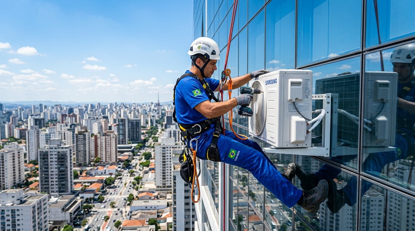 Técnico em rapel na fachada de edifício
